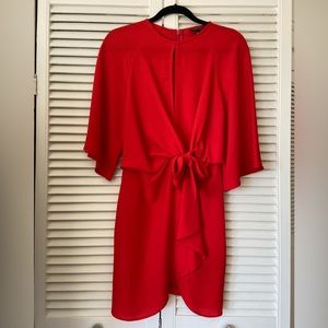 Topshop Red Mini 3/4 Sleeve Dress with Slit Neckline and Bow Detail - Size 4
